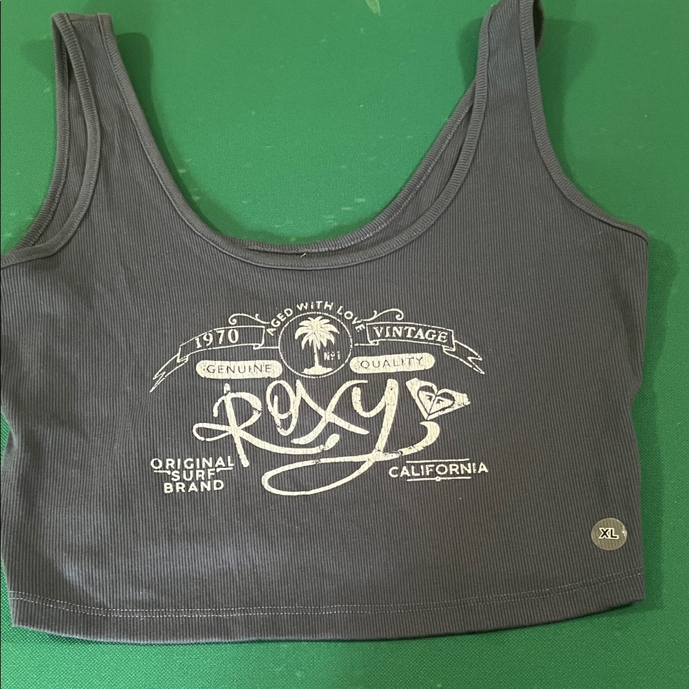 Roxy Navy Ribbed Graphic Crop Tank with White Logo